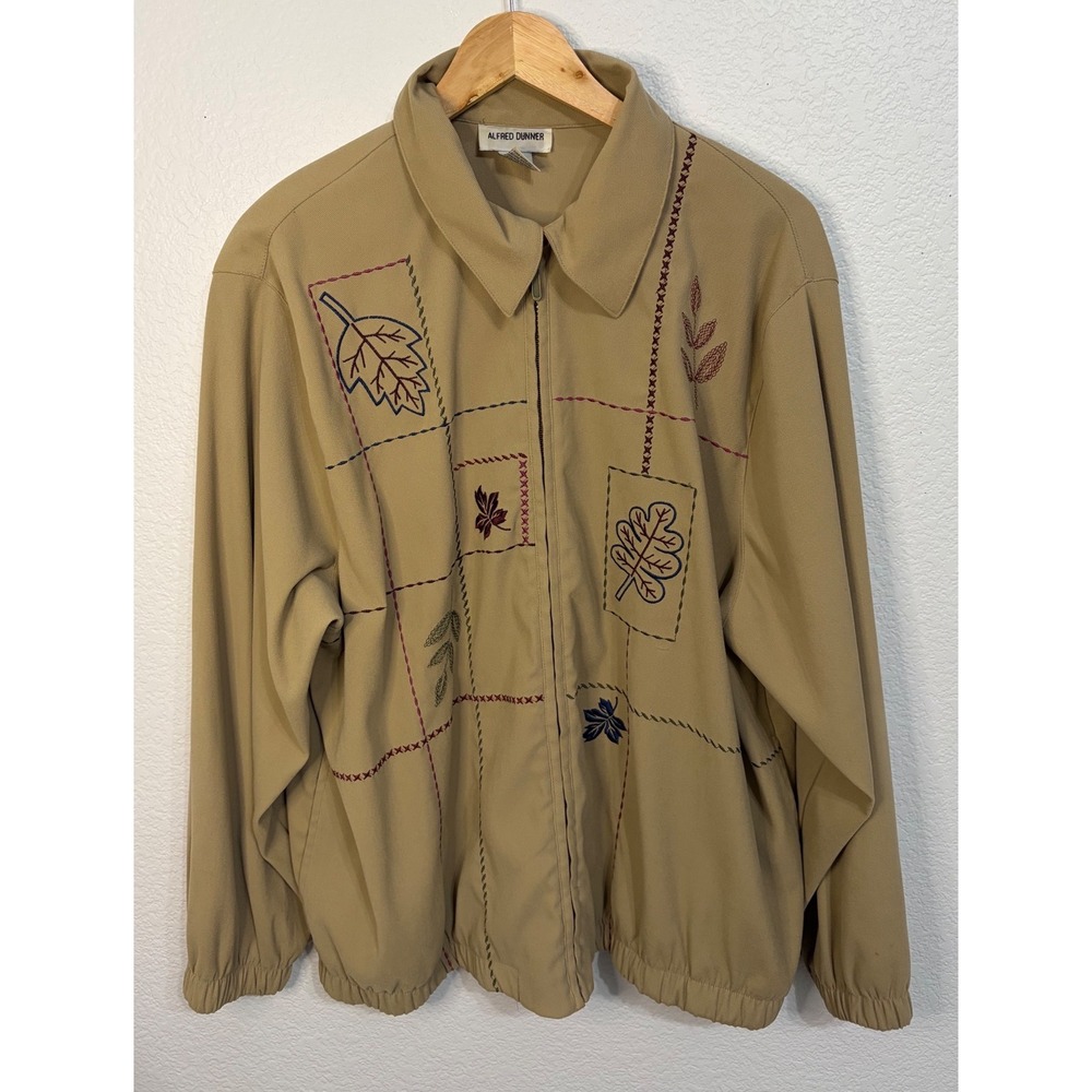 Alfred Dunner Tan Embroidered Leaf Zip Up Jacket Plus Size 18W Khaki Fall Bomber